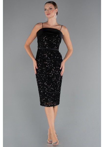Askılı Midi Pul Payet Gece Elbisesi ABK2429