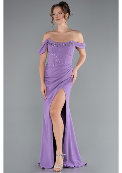 Taşlı Kayık Yaka Yırtmaçlı Uzun Abiye ABU5176