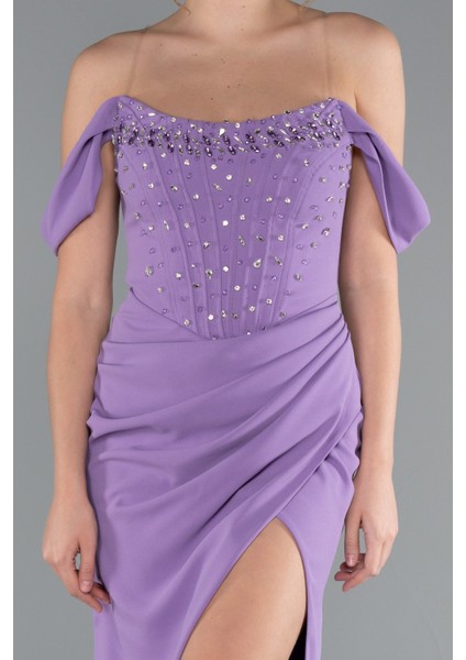 Taşlı Kayık Yaka Yırtmaçlı Uzun Abiye ABU5176 modelleri