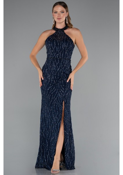 Halter Yaka Bacak Dekolteli Uzun Simli Abiye ABU5213