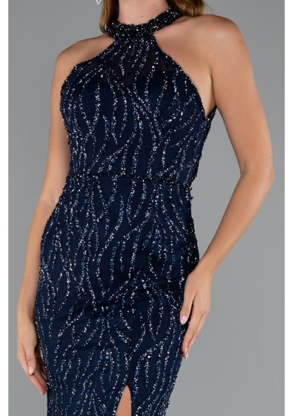 Halter Yaka Bacak Dekolteli Uzun Simli Abiye ABU5213 modelleri