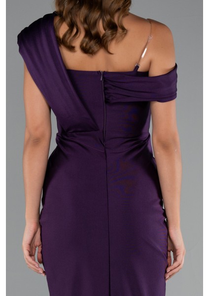 Tek Omuz Yırtmaçlı Midi Davet Elbisesi ABK2423 fırsatları