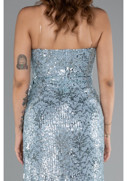 Straplez Yırtmaçlı Uzun Pullu Abiye Elbise ABU5167 fırsatları