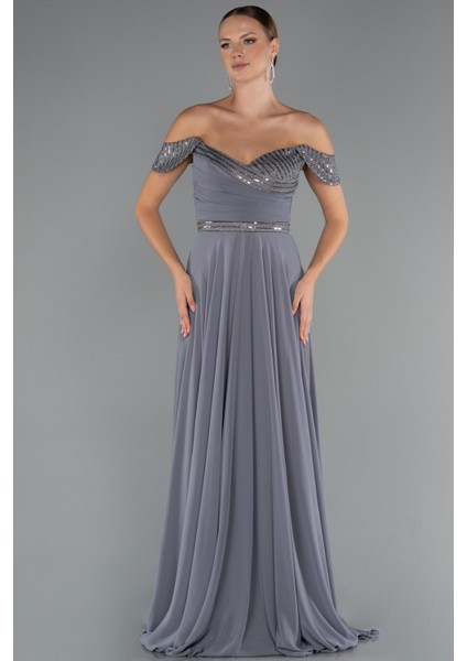 Pullu Kayık Yaka Uzun Şifon Abiye Elbise ABU5225