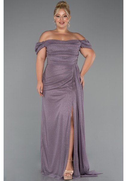 Kayık Yaka Yırtmaçlı Uzun Simli Büyük Beden Abiye ABU5252