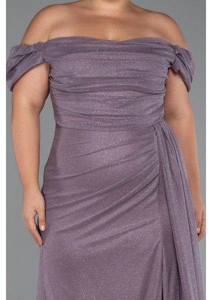 Kayık Yaka Yırtmaçlı Uzun Simli Büyük Beden Abiye ABU5252 modelleri