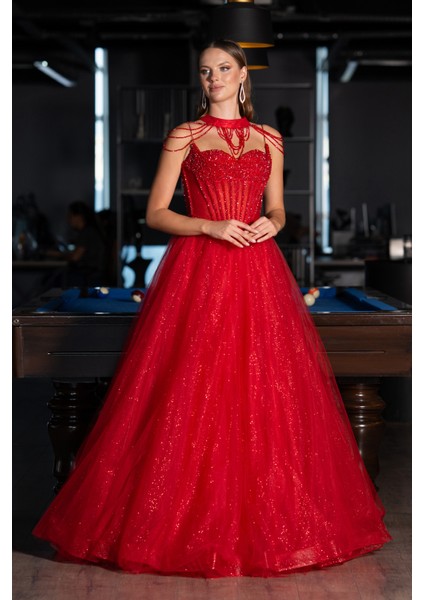 Taşlı Yaka Aksesuarlı Uzun Simli Nişanlık ABU5220