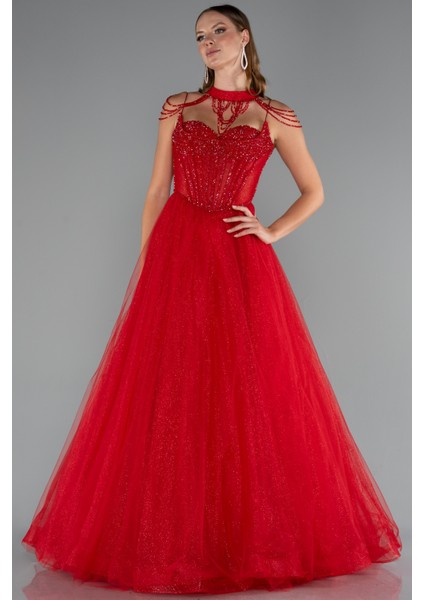 Taşlı Yaka Aksesuarlı Uzun Simli Nişanlık ABU5220 fiyatları