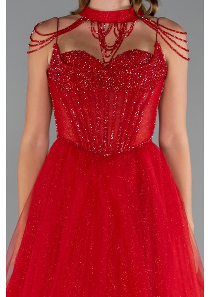 Taşlı Yaka Aksesuarlı Uzun Simli Nişanlık ABU5220 fırsatları