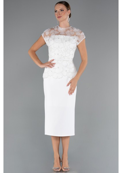 Kısa Kol Çiçek Desenli Midi Dantel Gece Elbisesi ABK2427