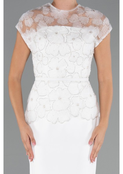 Kısa Kol Çiçek Desenli Midi Dantel Gece Elbisesi ABK2427 modelleri