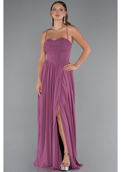 Sırt ve Bacak Dekolteli Uzun Şifon Abiye ABU5223