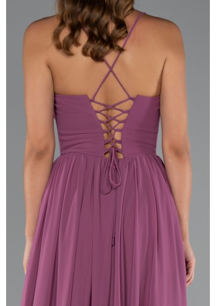 Sırt ve Bacak Dekolteli Uzun Şifon Abiye ABU5223 fırsatları