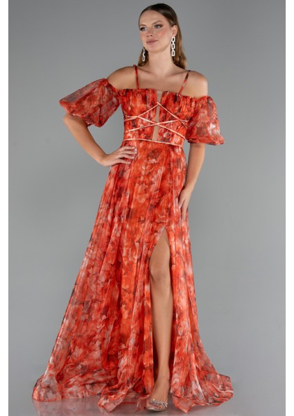 Bacak Dekolteli Balon Kol Uzun Desenli Abiye ABU5221