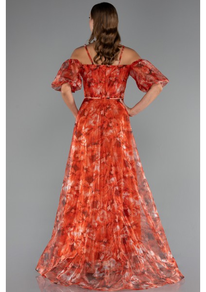 Bacak Dekolteli Balon Kol Uzun Desenli Abiye ABU5221 fiyatları