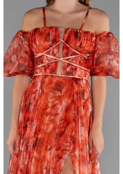 Bacak Dekolteli Balon Kol Uzun Desenli Abiye ABU5221 modelleri