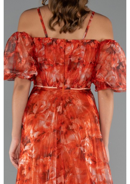 Bacak Dekolteli Balon Kol Uzun Desenli Abiye ABU5221 fırsatları