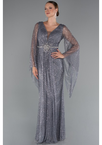 Simli Uzun Kol Beli Taşlı Özel Tasarım Abiye ABU5230