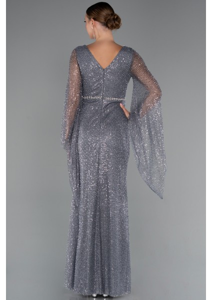 Simli Uzun Kol Beli Taşlı Özel Tasarım Abiye ABU5230 fiyatları