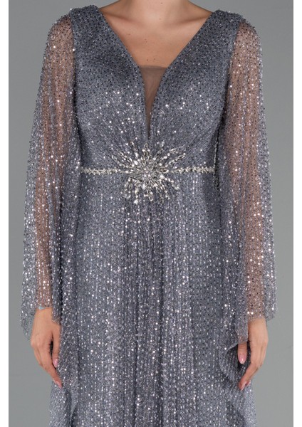 Simli Uzun Kol Beli Taşlı Özel Tasarım Abiye ABU5230 modelleri