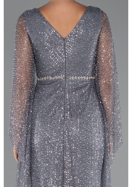 Simli Uzun Kol Beli Taşlı Özel Tasarım Abiye ABU5230 fırsatları