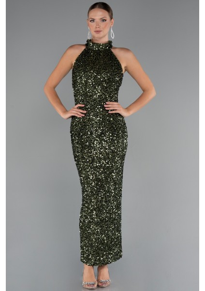 Halter Yaka Midi Pul Payet Abiye Elbise ABU5247