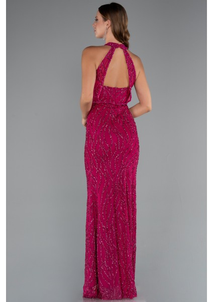 Halter Yaka Bacak Dekolteli Uzun Simli Abiye ABU5213 modelleri