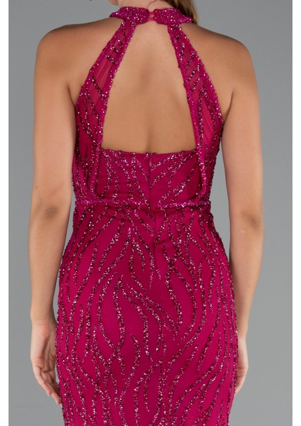 Halter Yaka Bacak Dekolteli Uzun Simli Abiye ABU5213 indirimleri