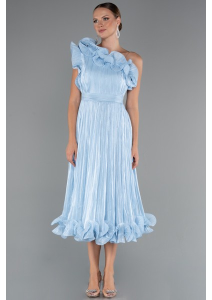 Fırfırlı Tek Omuz Midi Şifon Abiye Elbise ABK2434