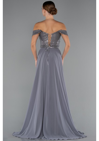 Pullu Kayık Yaka Uzun Şifon Abiye Elbise ABU5225 fiyatları