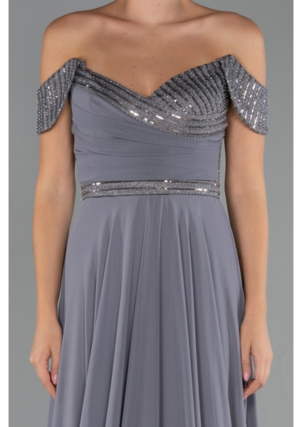 Pullu Kayık Yaka Uzun Şifon Abiye Elbise ABU5225 modelleri