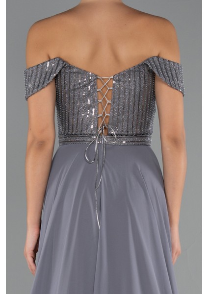 Pullu Kayık Yaka Uzun Şifon Abiye Elbise ABU5225 fırsatları