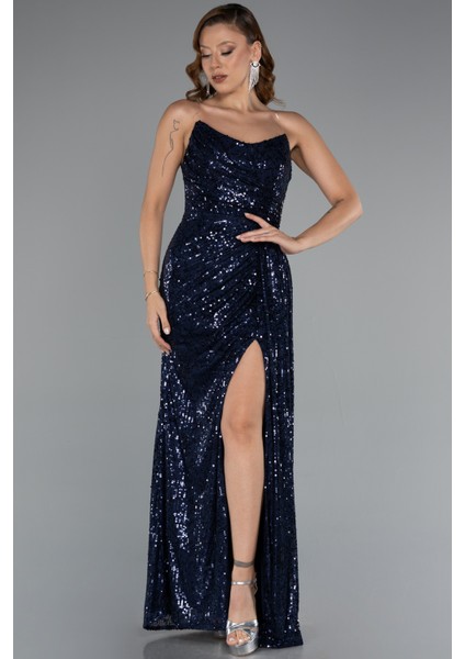 Straplez Yırtmaçlı Uzun Pullu Abiye Elbise ABU5167