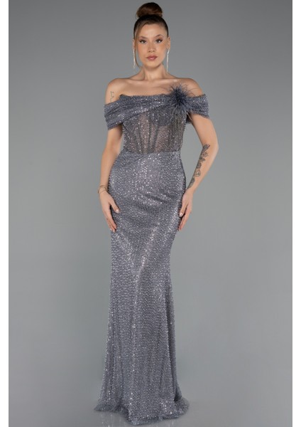 Kayık Yaka Taşlı Uzun Özel Tasarım Abiye ABU5183