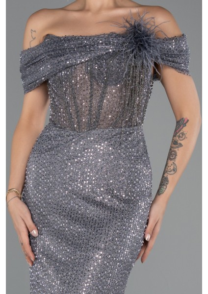 Kayık Yaka Taşlı Uzun Özel Tasarım Abiye ABU5183 modelleri