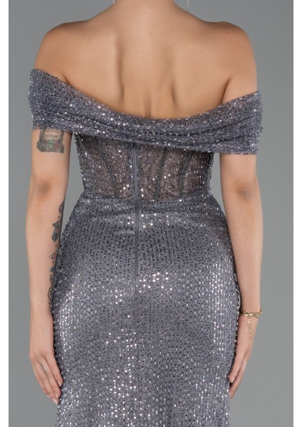 Kayık Yaka Taşlı Uzun Özel Tasarım Abiye ABU5183 fırsatları