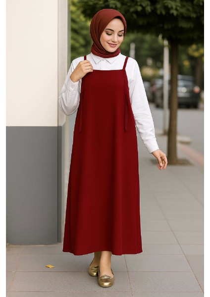 - Kadın Bordo Basic Ayarlanabilir Askılı Jile Elbise