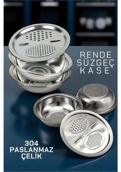 Çelik Rende Kase Süzgeç Seti - MultiFix 3 in 1 Paslanmaz Çelik
