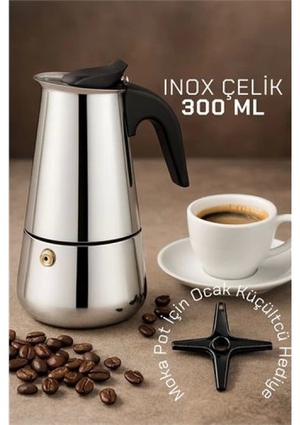 Inox Moka Pot - Paslanmaz Çelik Profesyonel Moka Pot - 300 ml