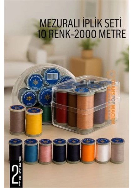 Dikiş İpliği Seti - 10 Renk 2000 Mt Kutulu Mezuralı Dikiş Seti