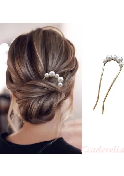 Incili Metal Çubuk Topuz Tokası Gold - Trend Inci Taşlı Saç Topuz Çubuğu