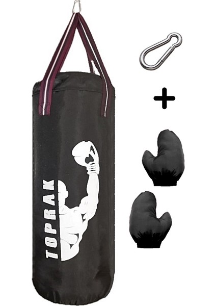 Çocuk Boks Torbası 9-13 Yaş Için 60x22 Cm Karabina Hediyeli Içi Dolu Eldivensiz Toprak Sport