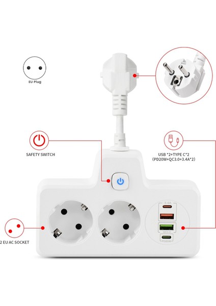 Ab Fiş Çıkış Power Strip Duvar Soketi Genişletme Fişi Pd Qc3.0 Hızlı Şarj Multitap USB Şarj Anahtarları (Beyaz) (Yurt Dışından) fırsatları