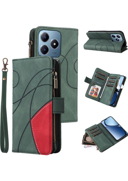 Realme Note 60 Için Flip Case, Manyetik Kapatmalı Fermuarlı Cüzdan Kılıfı, 9 Kartlık ve Bileklik (Yurt Dışından)