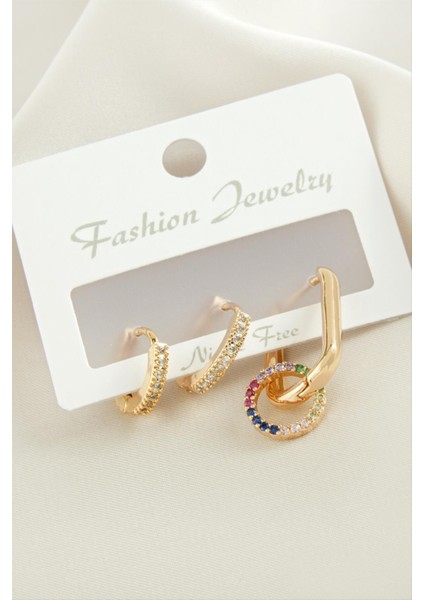 3 Adet Halka Zirkon Taşlı Küpe