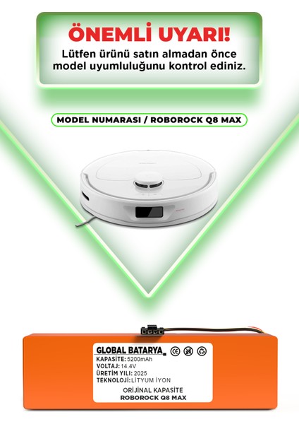 Roborock Q8 Max Uyumlu Akıllı Robot Süpürge Bataryası 14.4V 5200MAH Li-Ion Pil (Orijinal Kapasite) indirimleri
