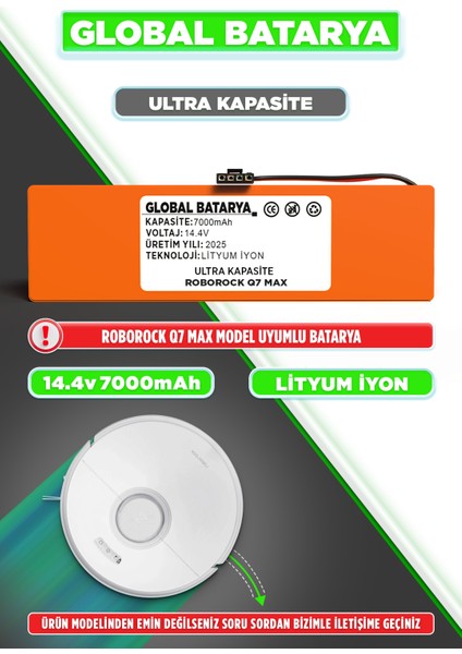 Roborock Q7 Max Uyumlu Akıllı Robot Süpürge Bataryası 14.4V 7000MAH Li-Ion Pil (Ultra Kapasite)