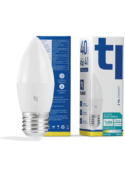 Redeem C37S E27 Mum Ampul, Titreşimsiz, Göz Konforu, Tekli, 497 Lümen, Ilık Beyaz, 3000 Kelvin