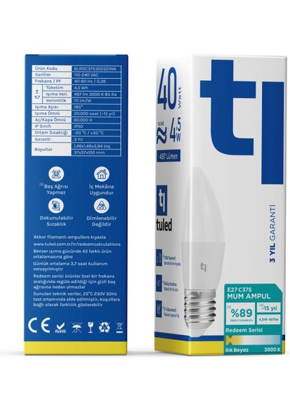 Redeem C37S E27 Mum Ampul, Titreşimsiz, Göz Konforu, Tekli, 497 Lümen, Ilık Beyaz, 3000 Kelvin fiyatları