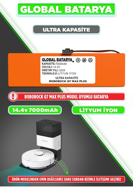 Roborock Q7 Max Plus Uyumlu Akıllı Robot Süpürge Bataryası 14.4V 7000MAH Li-Ion Pil (Ultra Kapasite)